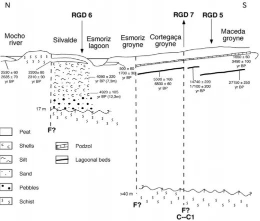 Figure 15. Schematic cross-section along the coast showing the Esmoriz lagoon emplacement 