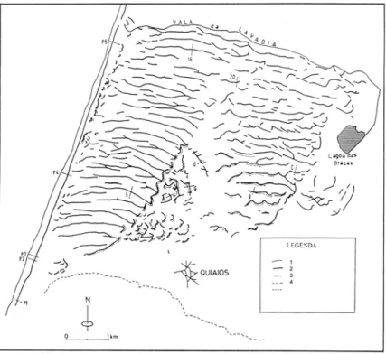 Figure 19.  Dune field (Almeida, 1995). 1 - Coastline; 2 - Dune crests; 3 - Sharp lee faces; 4 - Serra da Boa Viagem