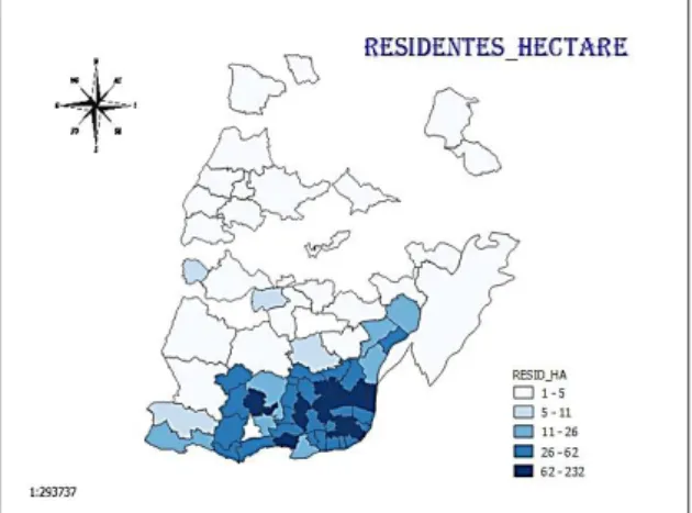 Figura 4: Dispersão geográfica da do número de residentes por hectare – Ano 2018  