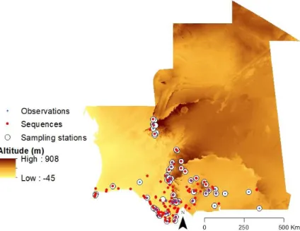 Figure 5. Study area depicting 61 sampling stations, 36 observation point localities and 418 sequenced individuals from  150 point localities