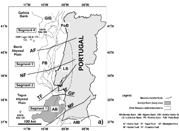 Figure 2.1. Map of the West Iberia continental margin showing the Mesozoic basins and the major transfer faults