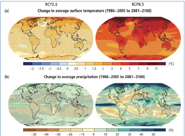 Figure 1.1 Changes in average surface temperature (a) and in average precipitation (b) based on multi-model mean projections  for 2081–2100 relative to 1986–2005 under the RCP2.6 (left) and RCP8.5 (right) scenarios