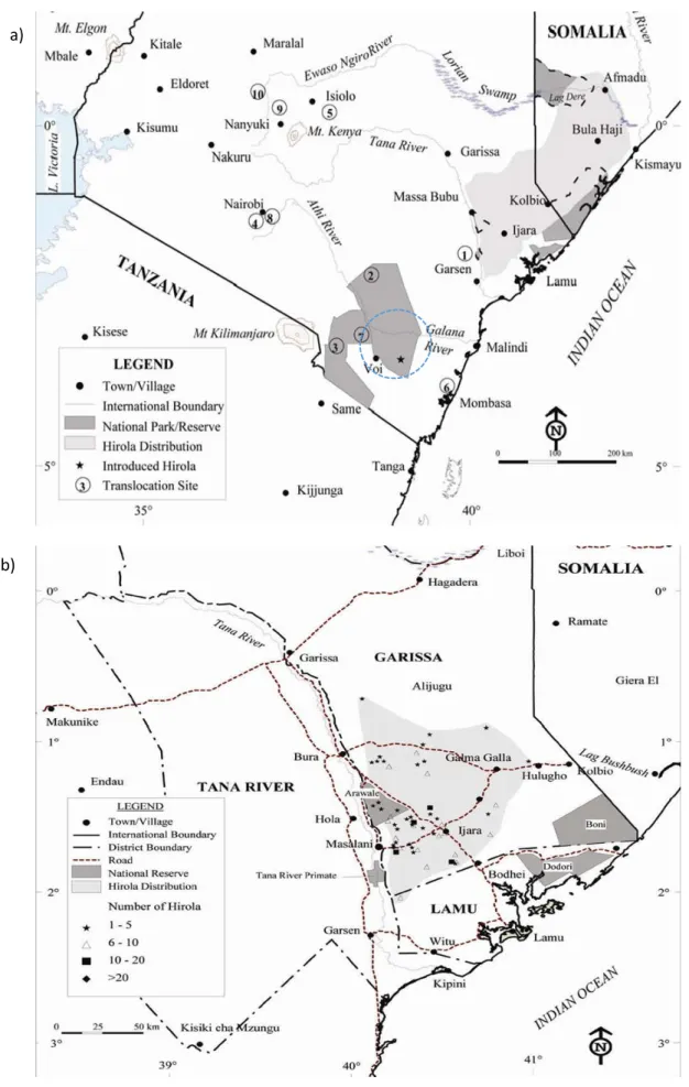 Fig. 4- a) Historical natural distribution range of hirola. Blue line and the number 2 (in the original map) indicate the  location  of  Tsavo  East  National  Park  where  there  is  currently  an  ex  situ  population  of  hirola  (see  section  1.2.9.1)