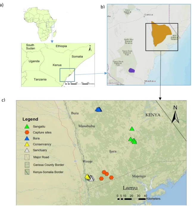 Fig. 5- Study area and sampling: (a) The location (marked with a square) of the sampling area in Kenya, in East  Africa,  and  neighbouring  countries;  (b)  Map  showing  the  current  distribution  of  hirola  (source:  IUCN,  2017):  the  Tsavo populati