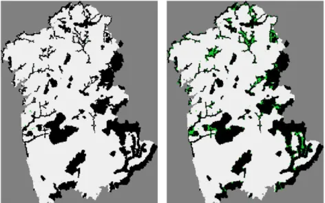 Figure 10. ConsNet (left) and Marxan (right) solutions for scenario B1. The existing reserve network is in black, while the  additional area selected by the algorithms is in green
