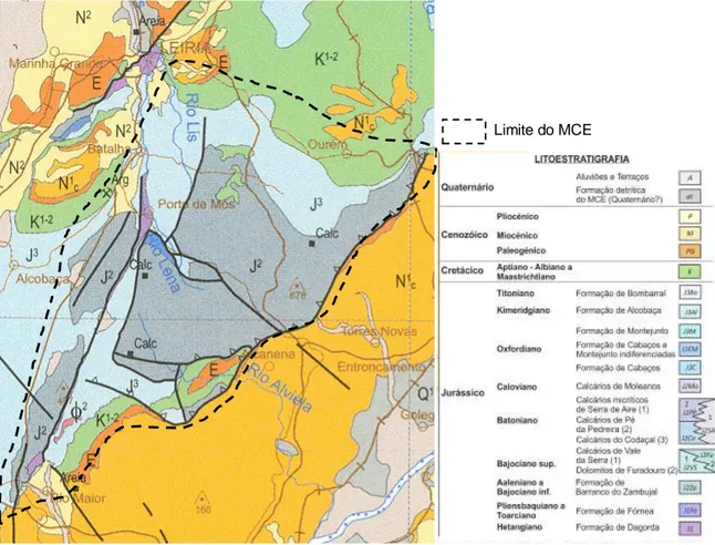Figura 3.3 – Mapa geológico do MCE adaptado da carta geológica na escala de 1:1000000 do  LNEG 