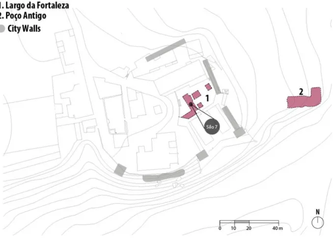 Figure 9 Map of Cacela-a-Velha showing the excavation areas in red. The old walls of the town are depicted in grey