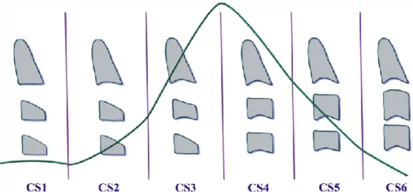 Figura 11: Estágios de maturação cervical sobrepostos com a curva de crescimento de Björk   (Adaptado de Elhaddaoui et al