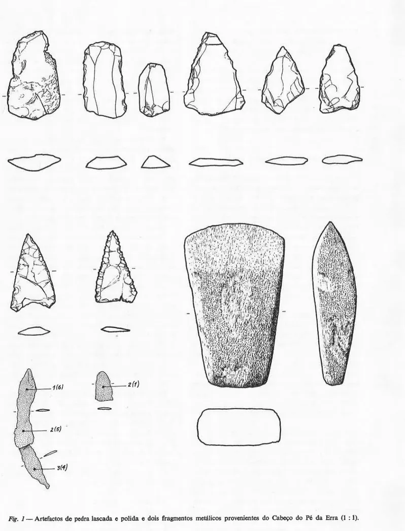 Fig.  1 - Artefactos  de pedra lascada  e  polida  e  dois  fragmentos  metálicos  provenientes  do  Cabeço  do  Pé  da  Erra  (1  : 1)