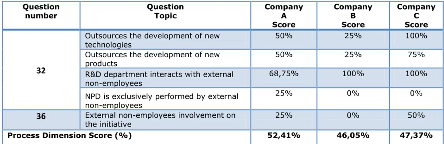 Table 8 – Summary of the Process Dimension Score 