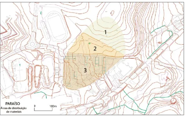Fig. 9   Área de distribuição de achados do povoado do Paraíso. 1‑ área Norte da Horta 2‑ Horta do Paraíso 3‑ Urbanização do  Paraíso.
