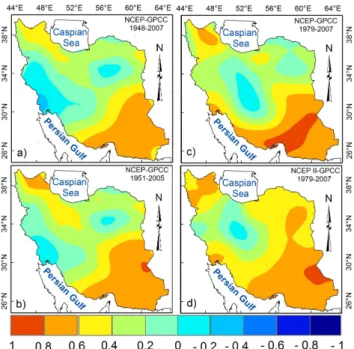 Fig. 8. SPI (on 24-month time scale) correlation maps for different time sections and datasets: a) NCEP/NCAR and GPCC for the  pe-riod 1948–2007, b) NCEP/NCAR and GPCC for the pepe-riod 1951–