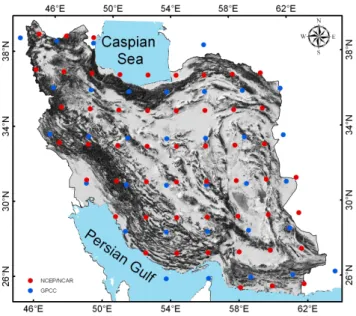 Fig. 1. Map of Iran with orograghy. Red bullets are NCEP/NCAR grid points and blue bullets GPCC grid points.