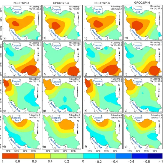 Fig. 7. The four Varimax rotated loadings for NCEP/NCAR and GPCC datasets of the SPI field on: (a–h) 3-month time scale, (i–p) 6-month time scale