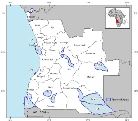 Figure 1. Study area, with the 18 provinces of Angola and the protected areas system: BI, Bicuar; BU,  Búfalo; KA, Cangandala; CM, Chimalavera; IO, Iona; IP, Ilheu dos Pássaros; KM, Cameia; KI,  Quiçama; LL, Luengue-Luiana; LU, Luando; MV, Mavinga; MU, Mup