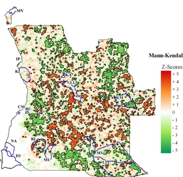 Figure 4. Trends of the annual burnt area in Angola for the 2001–2019 period, based on the contextual  Mann–Kendall test