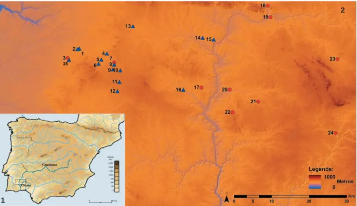 Fig. 1.— 1. Localização da área em estudo na Península Ibérica. 2. Mapa da peneplanície de Beja, em ambas as margens do Guadiana, com a localização de  sítios da I Idade do Ferro