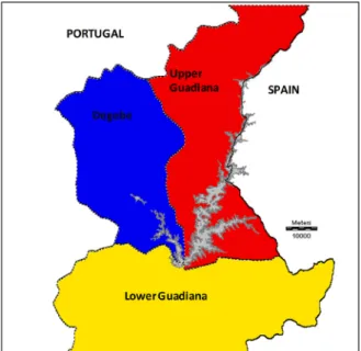 Fig. 2. Geographical area considered for the translocation. The three basin sectors used to stratify the sampling sites are indicated by different colors and the reservoir shape is represented in grey
