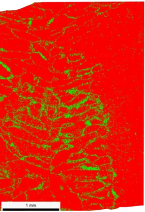 Figure 3 – EBSD phase identification: red – parent β-phase; green – α-phase. 