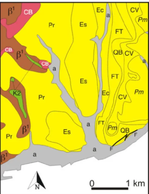 FIG. 3  Mapa simplificado   das unidades geológicas da  região central de Lisboa  (adaptado de Cachão, 2017).