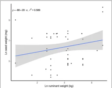 FIGURE 2 | Positive relationship between the weight of spat seeds and the size of the spitter ruminants