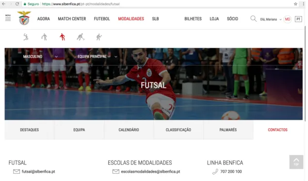 Figura 9  Contactos para a inscrição de jovens atletas no Futsal do SLB. 