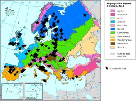 Figure 2. Distribution of case studies across biogeographic regions in Europe (note: nine studies had more than one case study area).