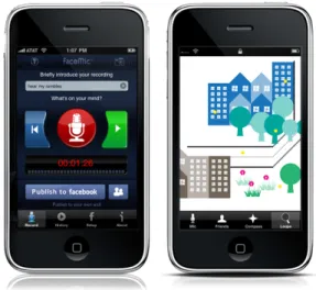 Figure 2 – IPhone GUI: FaceMic (left); Hurly-Burly - proposal  for a graphic visualization (right)