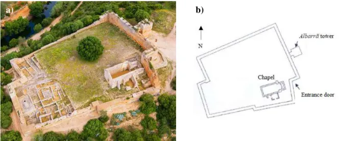 Fig. 1. Aerial photography of Paderne castle (a) (photography by [23]) and schematic plant of the castle (b)  (adapted from [9]) 