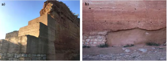 Fig. 3. RE blocks introduced during the intervention of 2004/2005 (a) and wall facing east filled with  projected earthen material with loss of cohesion (b) (photos of 2018) 