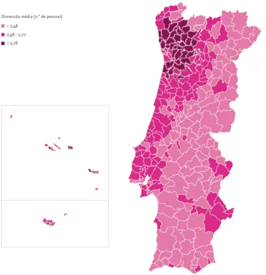 Figura 1.1 Dimensão média das unidades domésticas (n.º de pessoas), por município, 2011