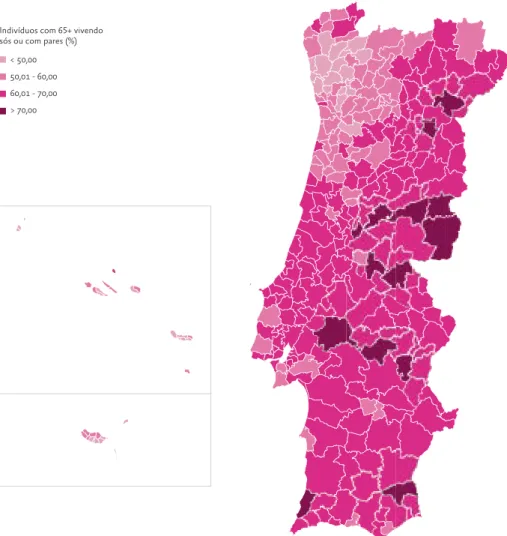 Figura 1.2 Proporção de indivíduos com 65 e mais anos vivendo sós ou com outros  do mesmo grupo etário (%), sexos reunidos, Portugal, 2011