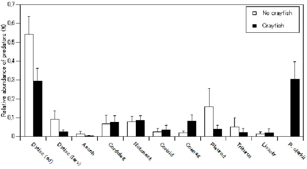 Fig.  2.  Relative  abundance  (mean  and  standard  error)  of  the  invertebrate  and  vertebrate  predators  present  in  temporary  ponds,  with  and  without  crayfish