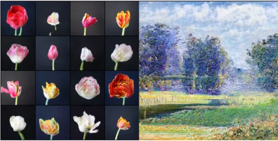 Figura 1.12: Obras geradas com DCGANs. Lado esquerdo: Uma série de tulipas artificiais da artista Anna Ridler