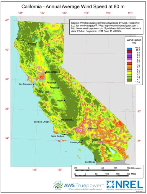Fig. 12 - Mapa de Vento para o Estado da Califórnia (NREL 2014) 