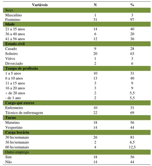 Tabela 1 – Perfil dos profissionais de enfermagem do setor de clínica médica do HCM entrevistados