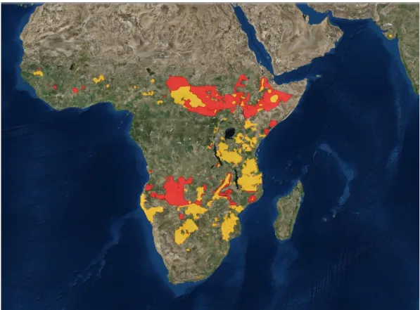 Figure 9 – Distribution map of the Lion showing the areas where the species still exists (yellow) and where  it is possibly extinct (red)