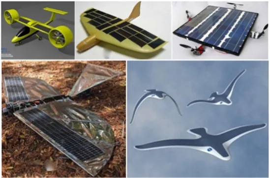 Figura 2.14: Drones movidos a energia solar (Hassanalian e Abdelkefi, 2017a).