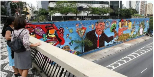 FIGURA  2 – Mural apagado pela prefeitura e refeito por Os Gêmeos, Nina, Nunca, Zefix e Finok FONTE:  Hélvio Romero/AE.