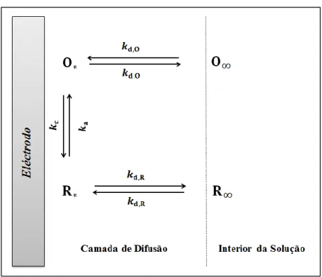 Figura 6: esquema simplificado para uma reacção de oxidação-redução numa superfície de  eléctrodo [20]
