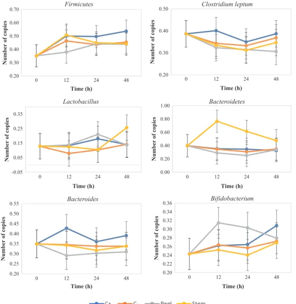 Fig. 5. Number of DNA copies of PCR real time, throughout fermentation time of pineapple peel ﬂ our and pineapple stem ﬂ our, as well as, fermentation of positive control, FOS at 2% (w/v)