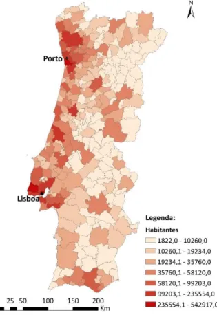Figura 3.3 Habitantes de Portugal continental por município. 
