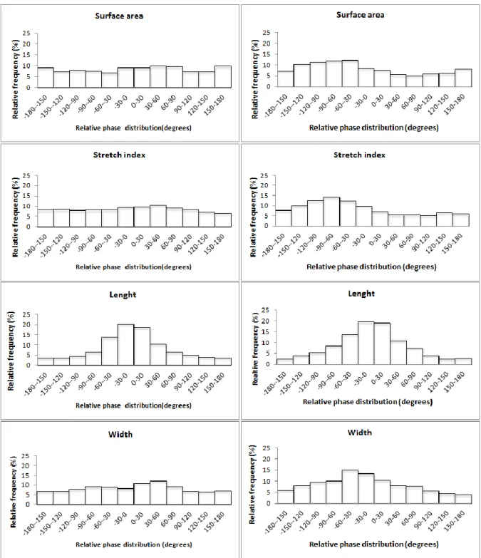 Figure  1.  Relative  phase  histograms  (%)  of  surface  area,  stretch  index,  length  and width