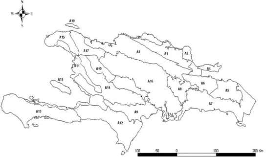 Fig. 1. Study areas of Hispaniola (Dominican Republic and Republic of Haiti). A1. Cordillera Septentrional
