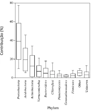 Figura 5: Contribuição de cada Phylum em bibliotecas 16S RNA de comunidades bacterianas de solos  (2920 clones em 21 bibliotecas) (adaptado de Janssen, 2006) 