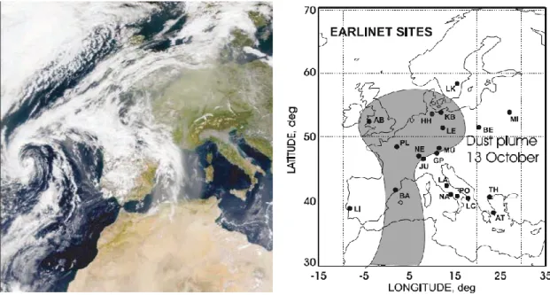 Figura 6 : Imagem de satélite mostrando um trajeto de transporte e dispersão de partículas com origem no  Sahara no dia 13 de setembro e 2001, usando SeaWiFS e modelo de dispersão baseado nas estações EARLINET 