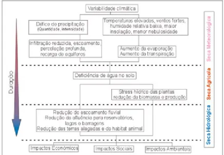 Figura 2.3 Esquema da sequência temporal dos diversos tipos de seca (adaptado de www.drought.unl.edu, 2002)