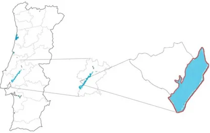 Ilustração 2 - Delimitação das zonas inundáveis em Portugal continental, na  região do Ribatejo e no concelho do Cartaxo