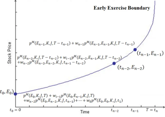 Figure 4.1, expresses an example of the early exercise boundary determination, using the static hedge portfolio approach.