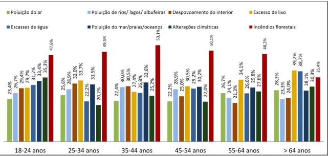 Figura 2.9 - Os 8 problemas ambientais mais referidos segundo os grupos etários (escolha múltipla) 